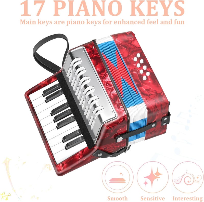 LOTKEY 17 Key Piano Accordion, 8 Bass Kids Accordion, Celluloid Body, Metal Cover Accordions Louder Clearer Timbre Than Plastic, Lightweight Design for Children, Beginners to Practice (Red) - Image 3